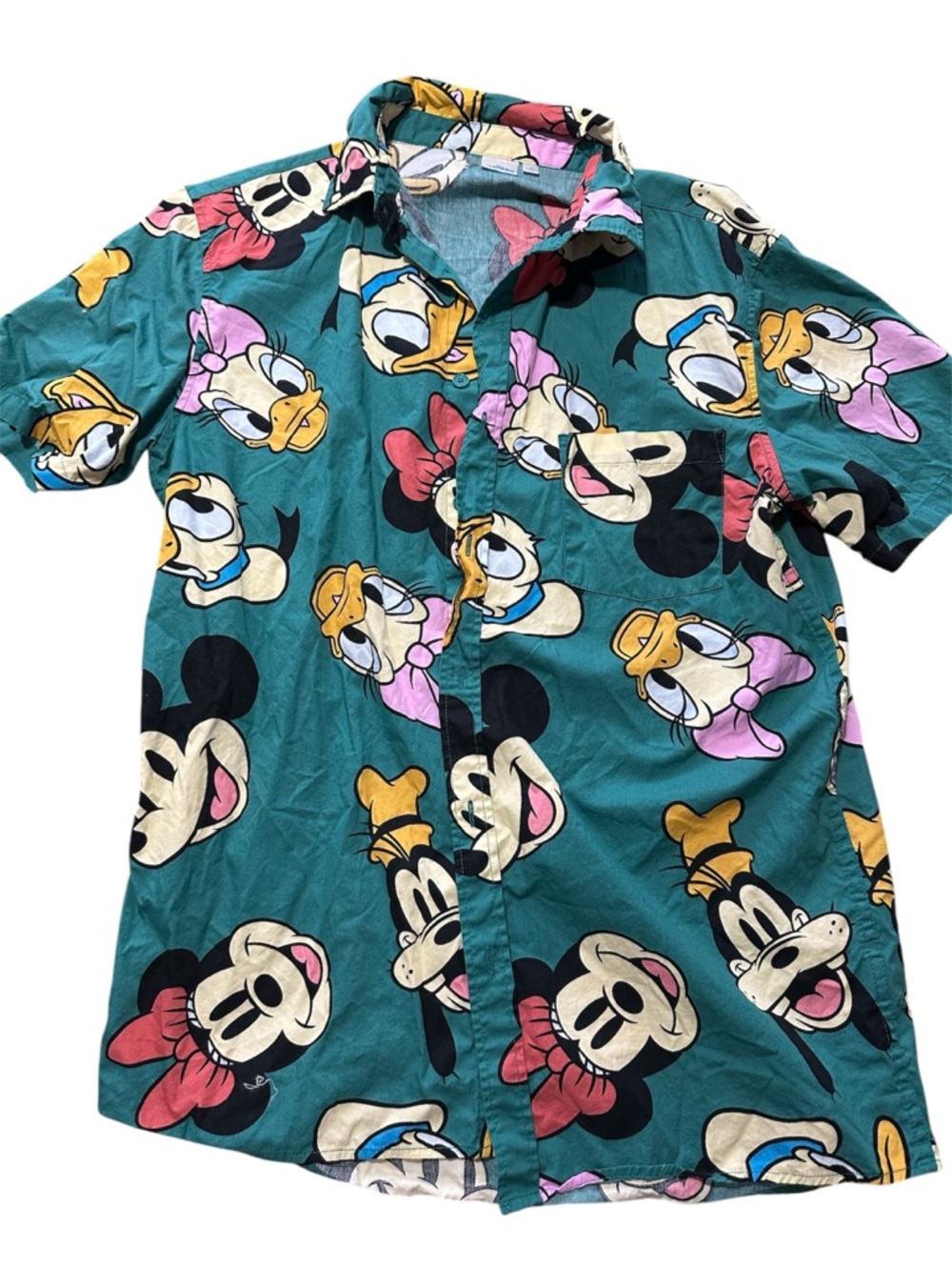 Teal Disney Character Button-Up Shirt - Mickey, Minnie, Donald & Daisy Print
